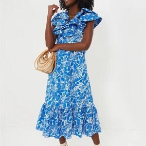 HYACINTH HOUSE Blue and White Floral Beaufort Midi Dress Size XXS NWT